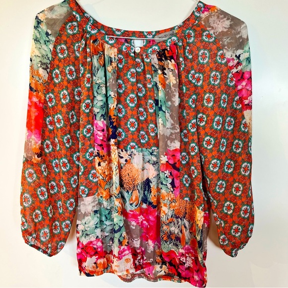 Anthropologie Figueroa & Flower Floral Multicolor Women's Semi Sheer Top Medium - Picture 2 of 8